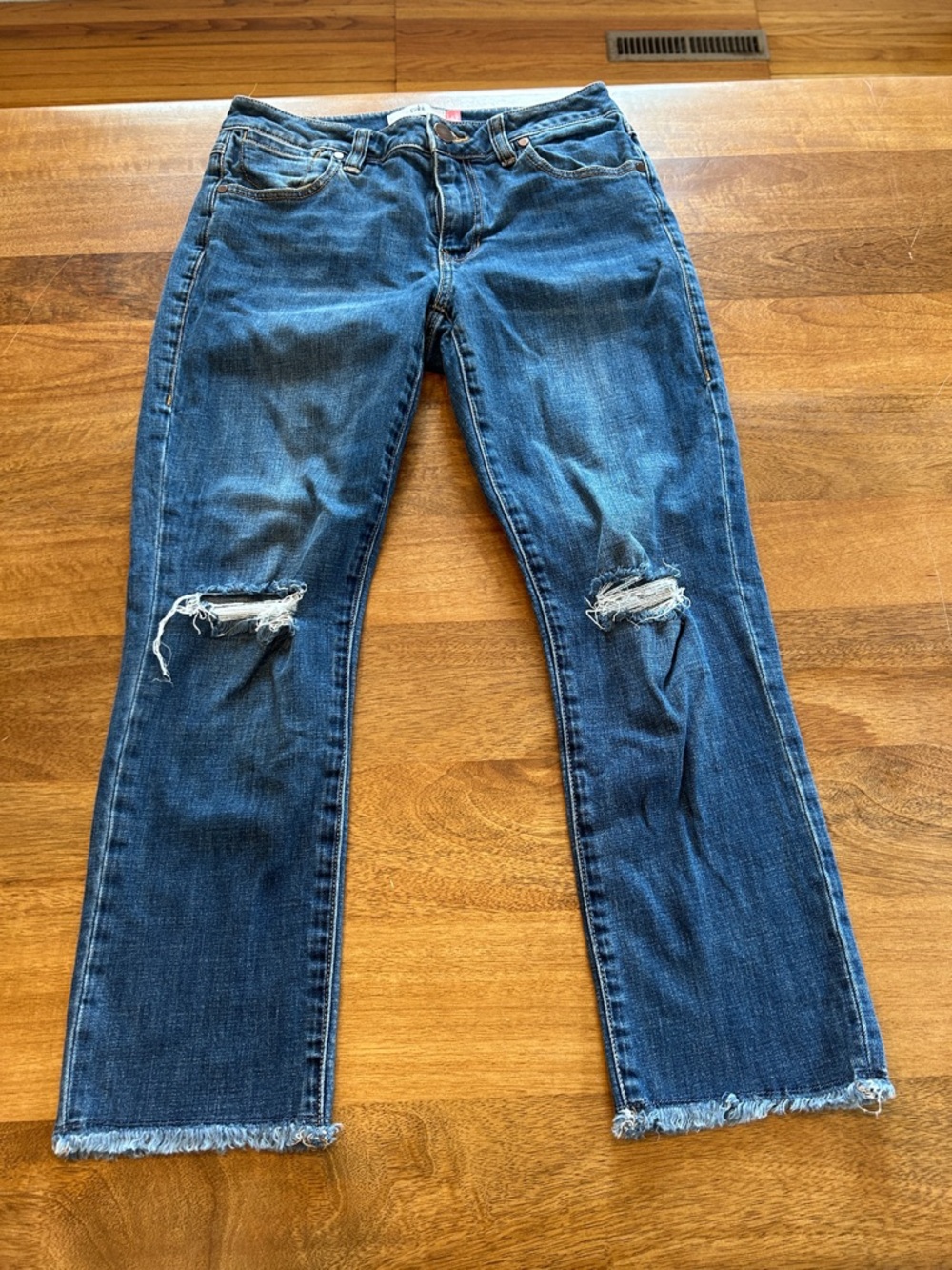 CAbi Cropped, High, Straight-Leg Distressed Blue Jeans